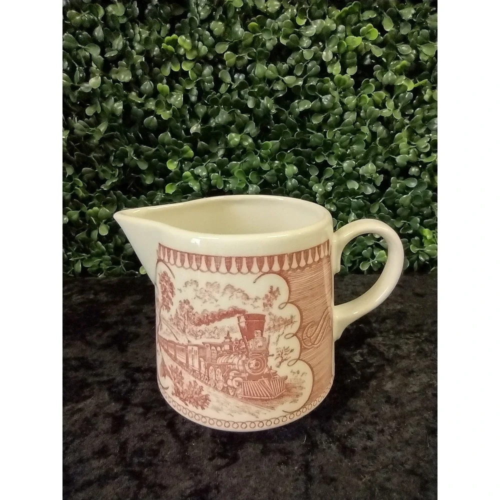 Vtg Mauve Red Transferware Creamer Locomotive Train Scene Unbranded Pink Rose